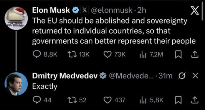 Dmitri Medvedev răspunde la solicitarea lui Elon Musk de „desființare” a Uniunii Europene Dmitri Medvedev răspunde la solicitarea lui Elon Musk de „desființare” a Uniunii Europene. A postat pe X