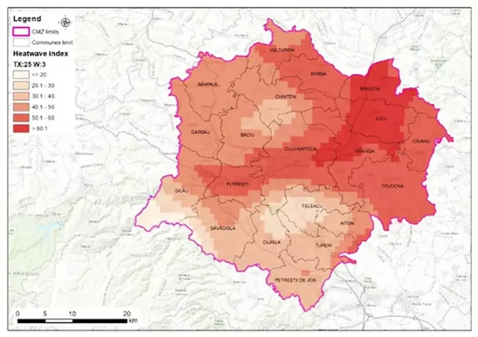 Harta climatică extrapolată pe nivel de cartier pentru un oraș din România. Precizie de 2 metri în caz de inundații. Harta climatică extrapolată pe nivel de cartier pentru un oraș din România. Precizie de 2 metri în caz de inundații.
